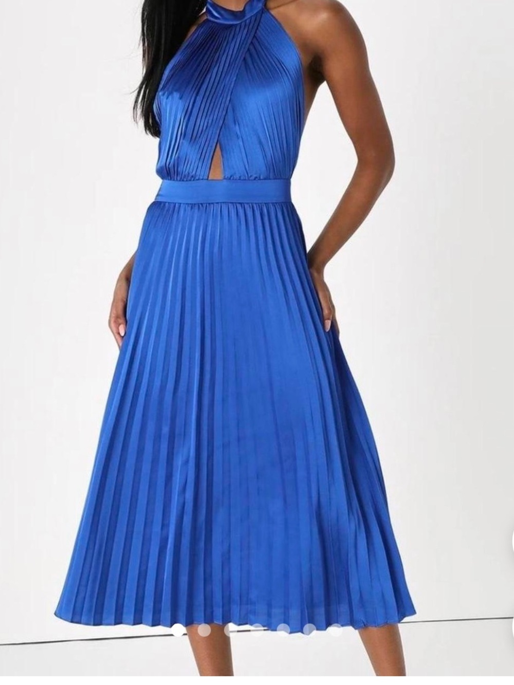 Lulu's Royal Blue Halter Pleated Midi Dress